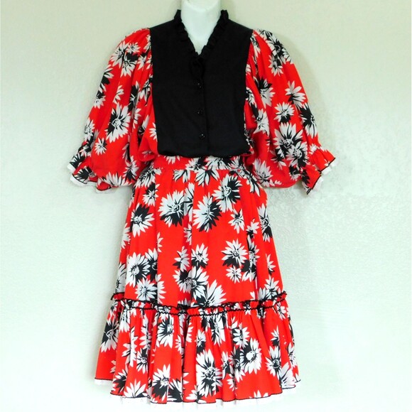 VTG Fancy Fashions Texas Square Dance 2-Pc Dress Skirt Blouse Red Black Ruffles - Picture 1 of 16